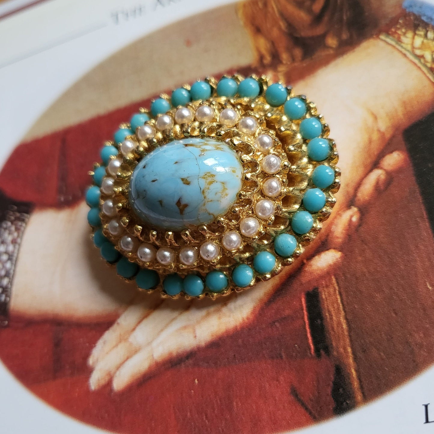 Brooch - Vintage Seed Pearl and Turquoise Oval Brooch
