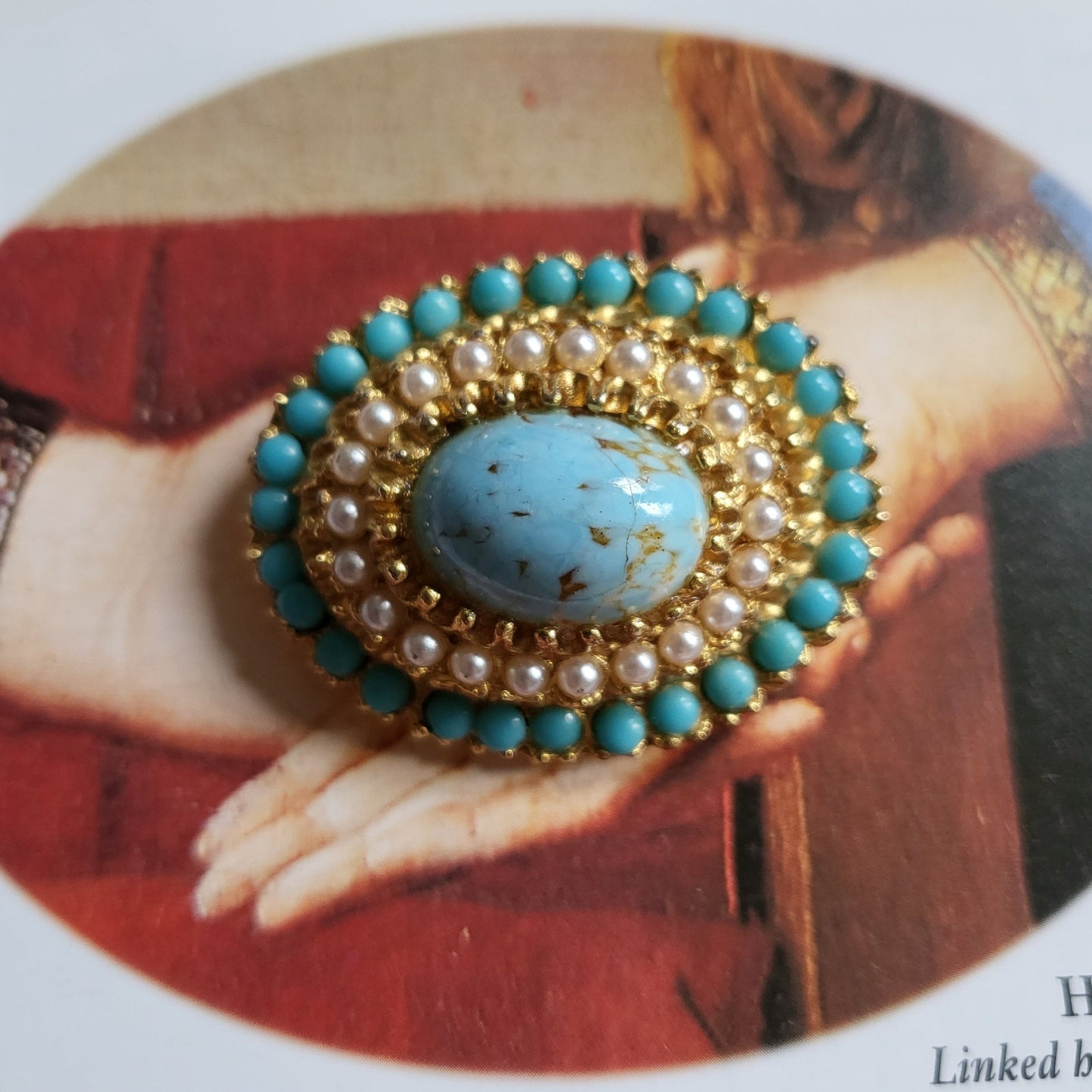 Brooch - Vintage Seed Pearl and Turquoise Oval Brooch