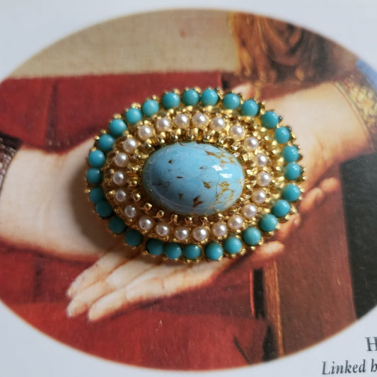 Brooch - Vintage Seed Pearl and Turquoise Oval Brooch