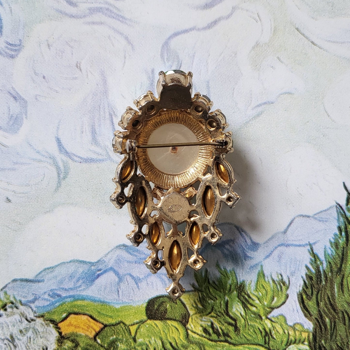 Brooch - Sphinx Pearl and Green Crystals Brooch