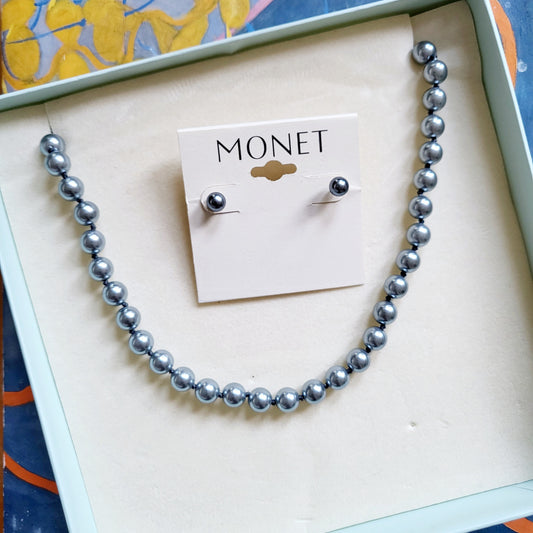 Set - Monet Grey Pearl Necklace and Stud Earrings