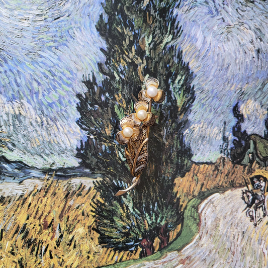 Brooch - Damascene Faux Pearl Three Flowers Brooch