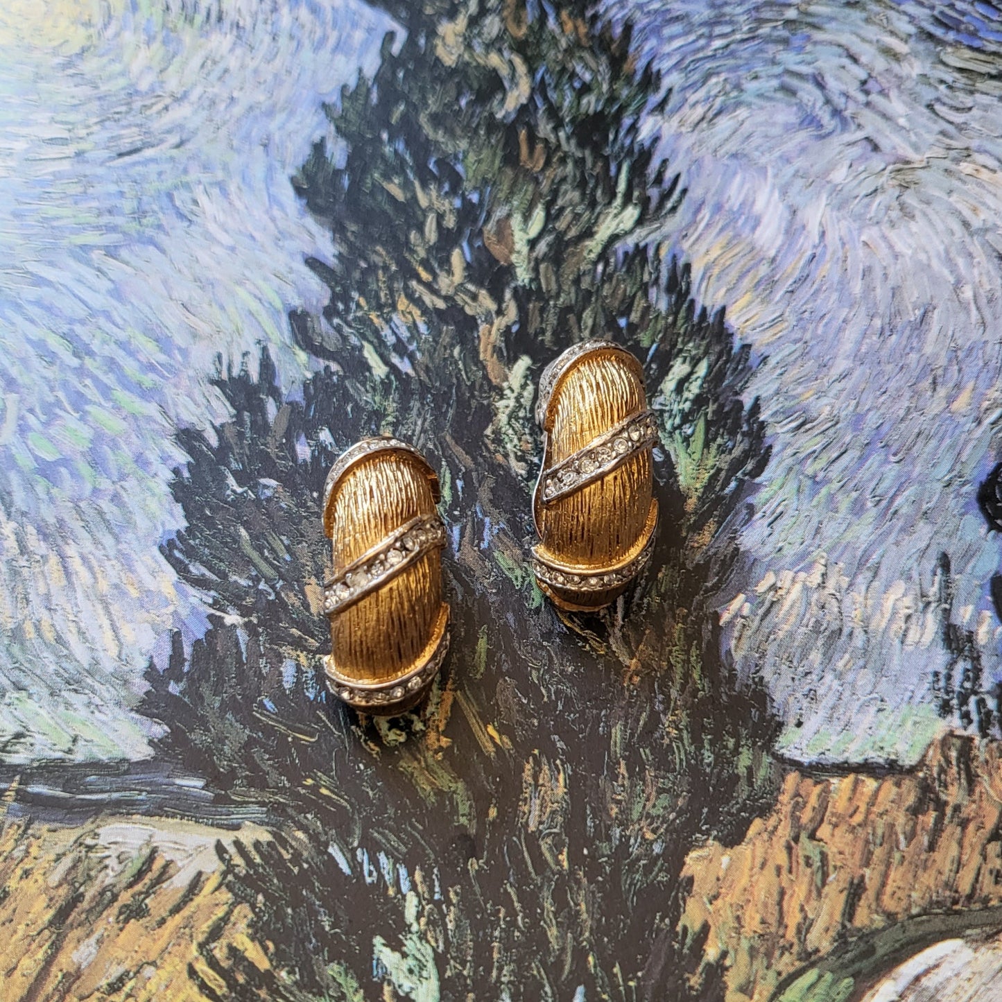 Clip on - Kenneth Jay Lane Brushed Gold Crystal Half Hoop Earrings