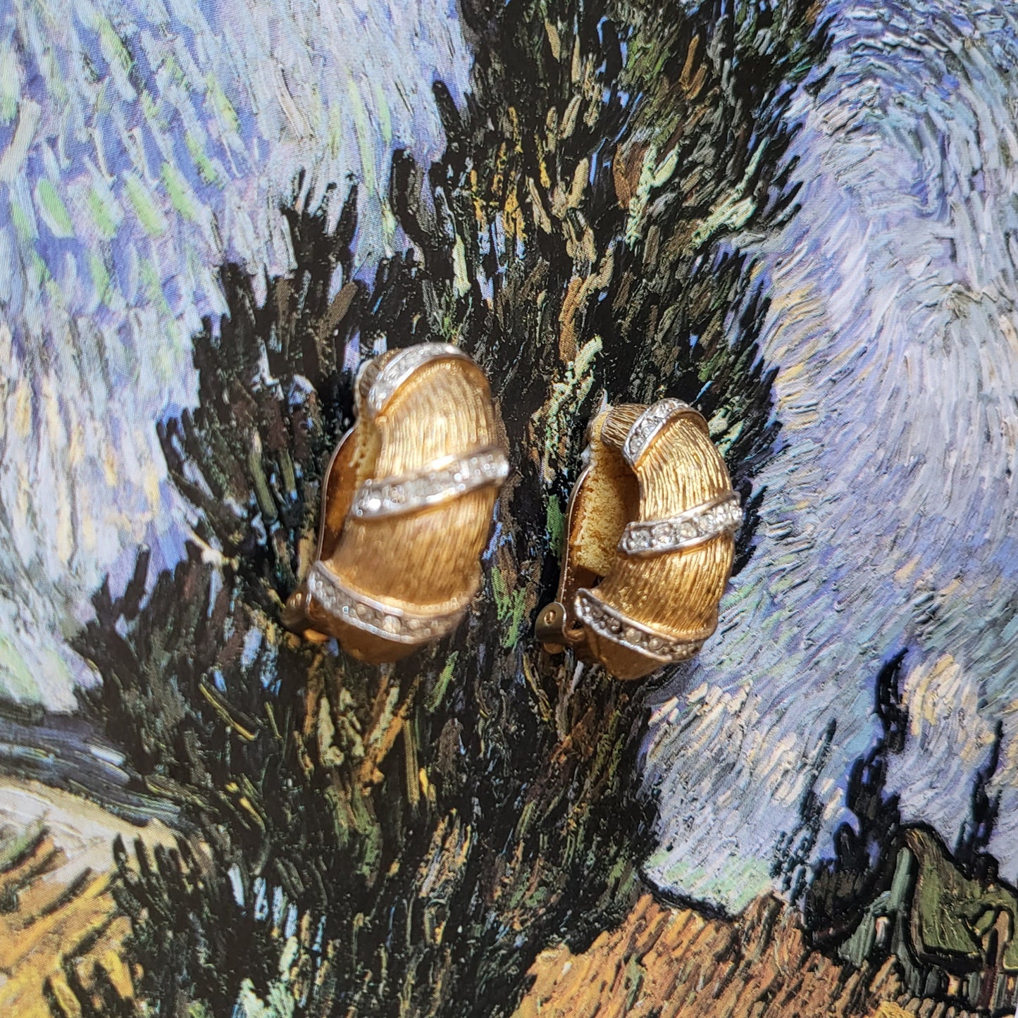 Clip on - Kenneth Jay Lane Brushed Gold Crystal Half Hoop Earrings