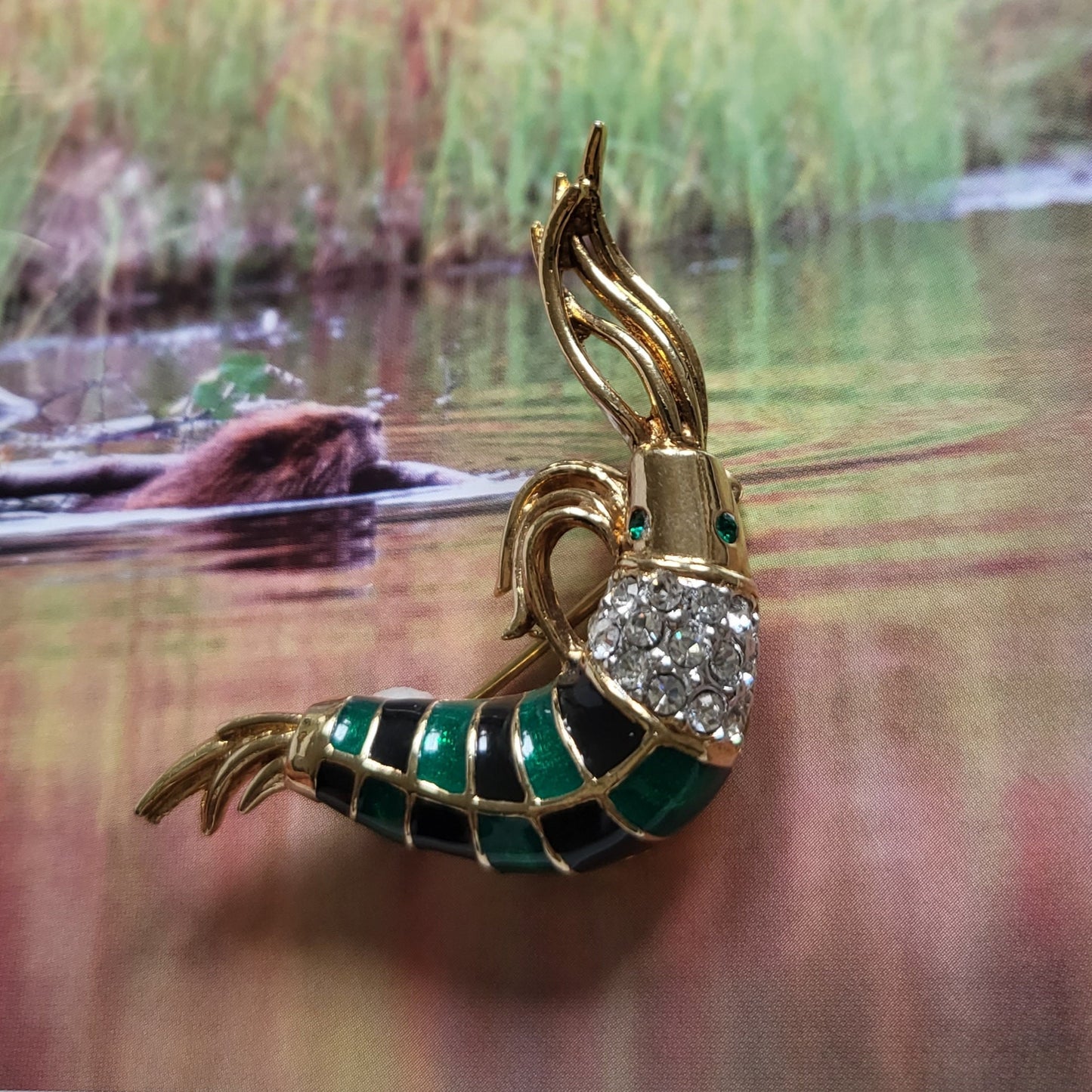 Brooch - Attwood and Sawyer Green and Blue Enamel Shrimp Brooch