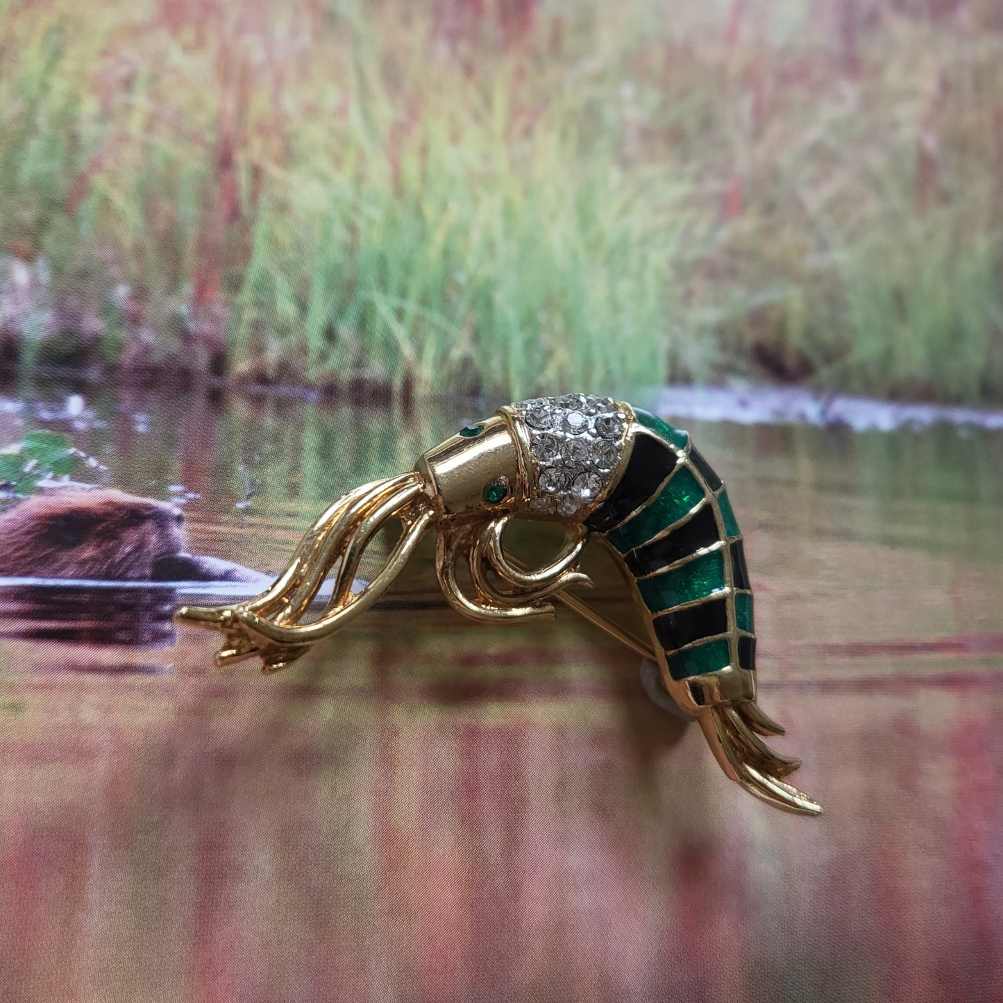 Brooch - Attwood and Sawyer Green and Blue Enamel Shrimp Brooch