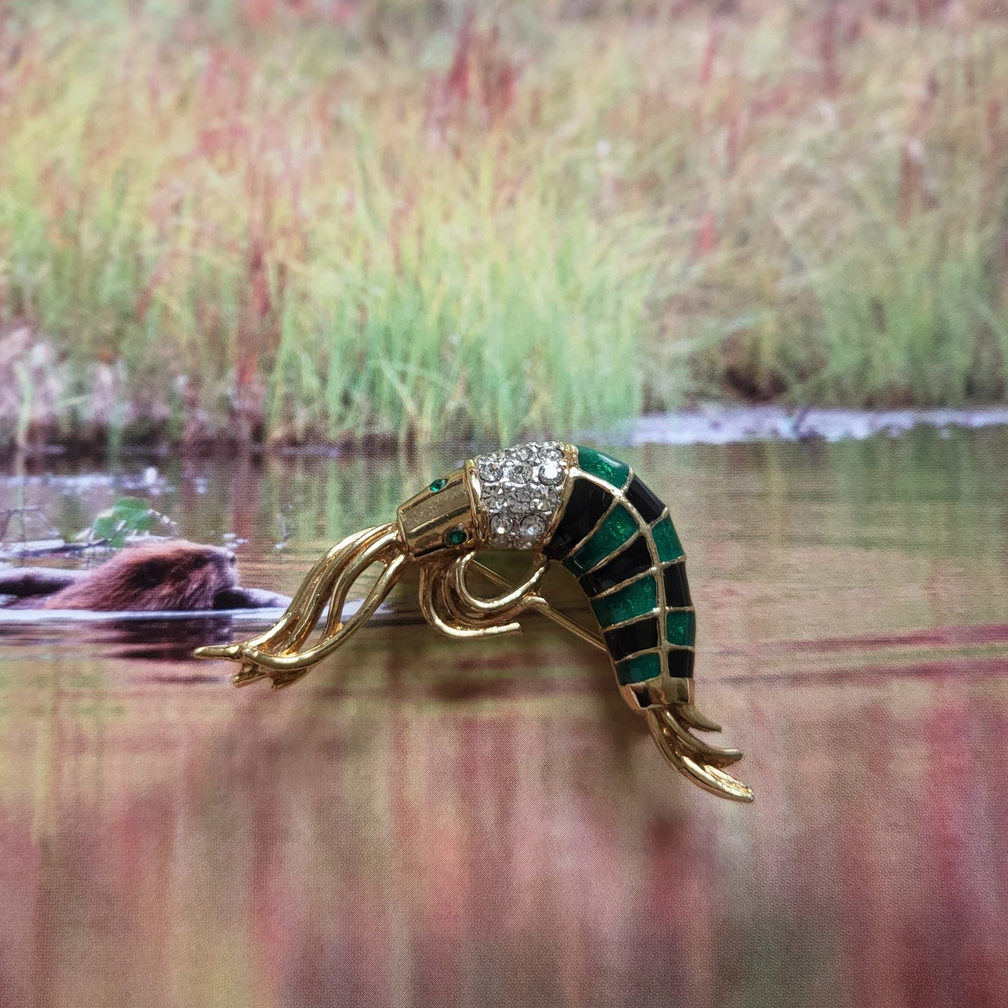 Brooch - Attwood and Sawyer Green and Blue Enamel Shrimp Brooch