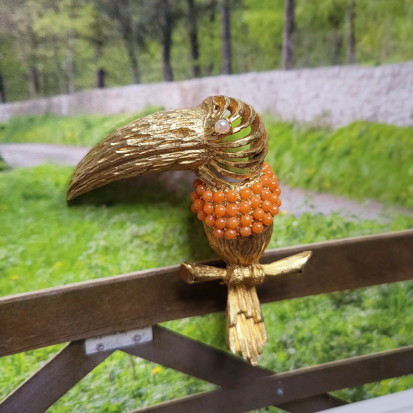Brooch - Hattie Carnegie Coral Glass Beads Toucan Brooch