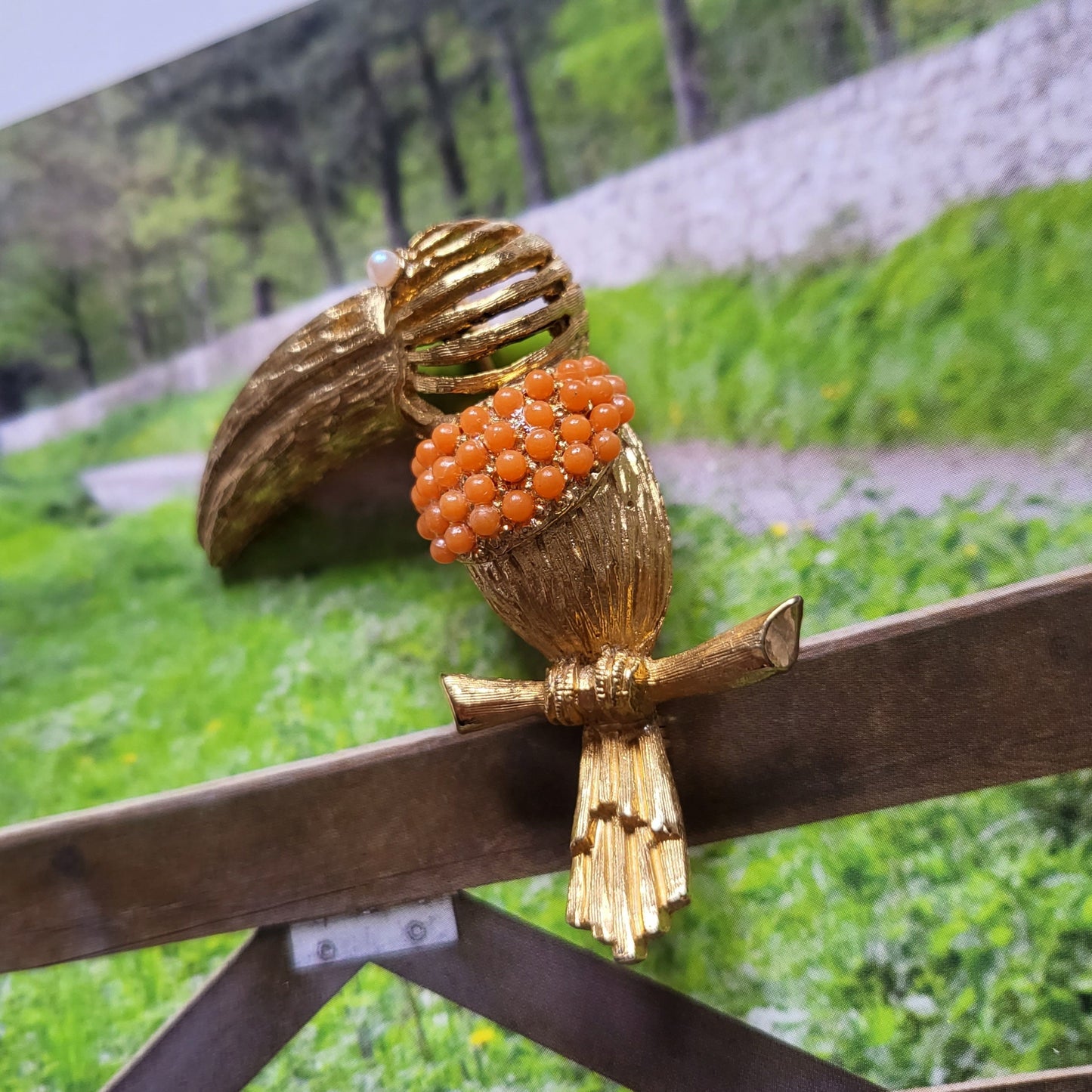 Brooch - Hattie Carnegie Coral Glass Beads Toucan Brooch