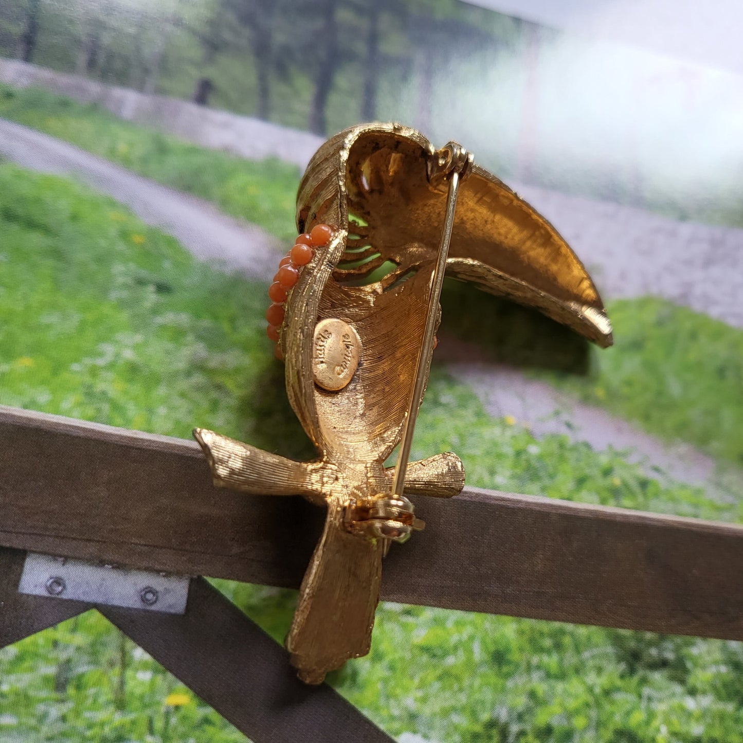 Brooch - Hattie Carnegie Coral Glass Beads Toucan Brooch