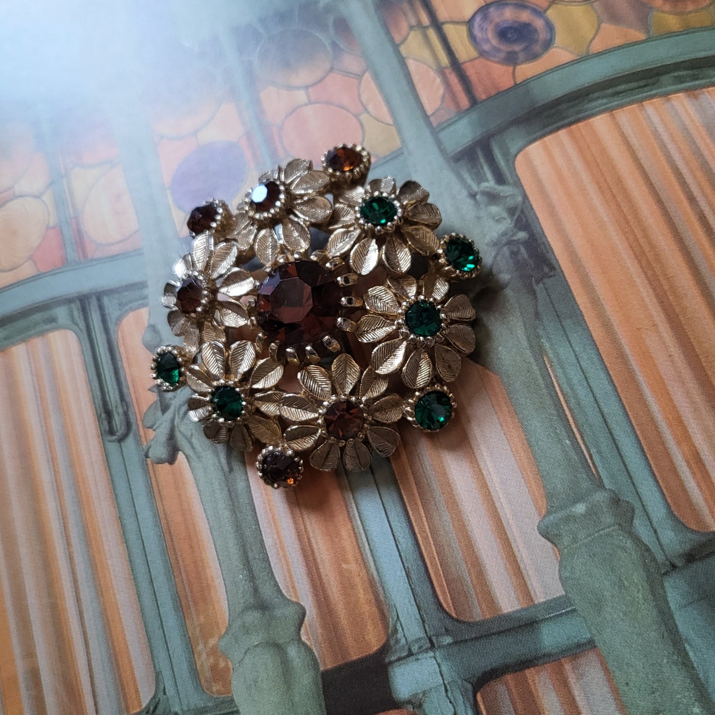 Brooch - Sphinx Amber and Green Crystal Flower Cluster Brooch