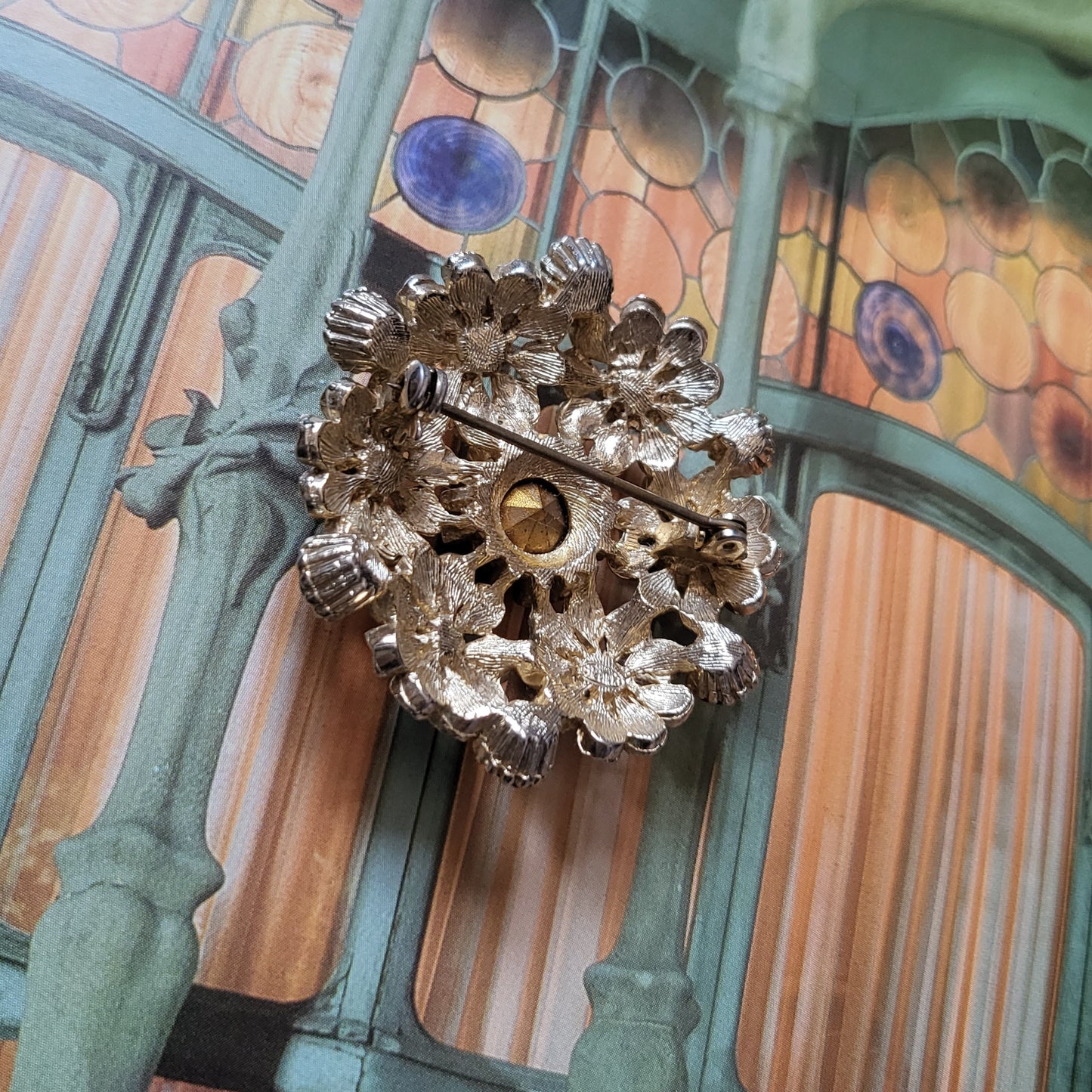 Brooch - Sphinx Amber and Green Crystal Flower Cluster Brooch