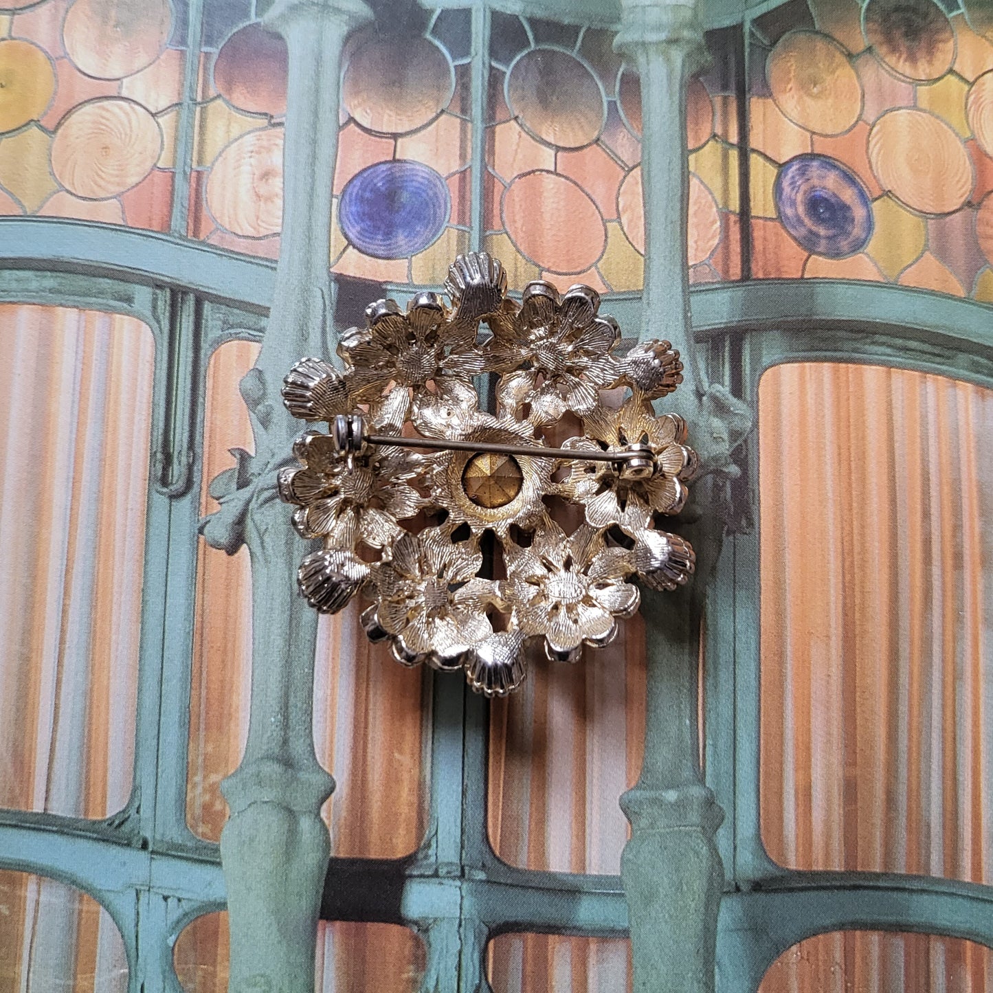 Brooch - Sphinx Amber and Green Crystal Flower Cluster Brooch