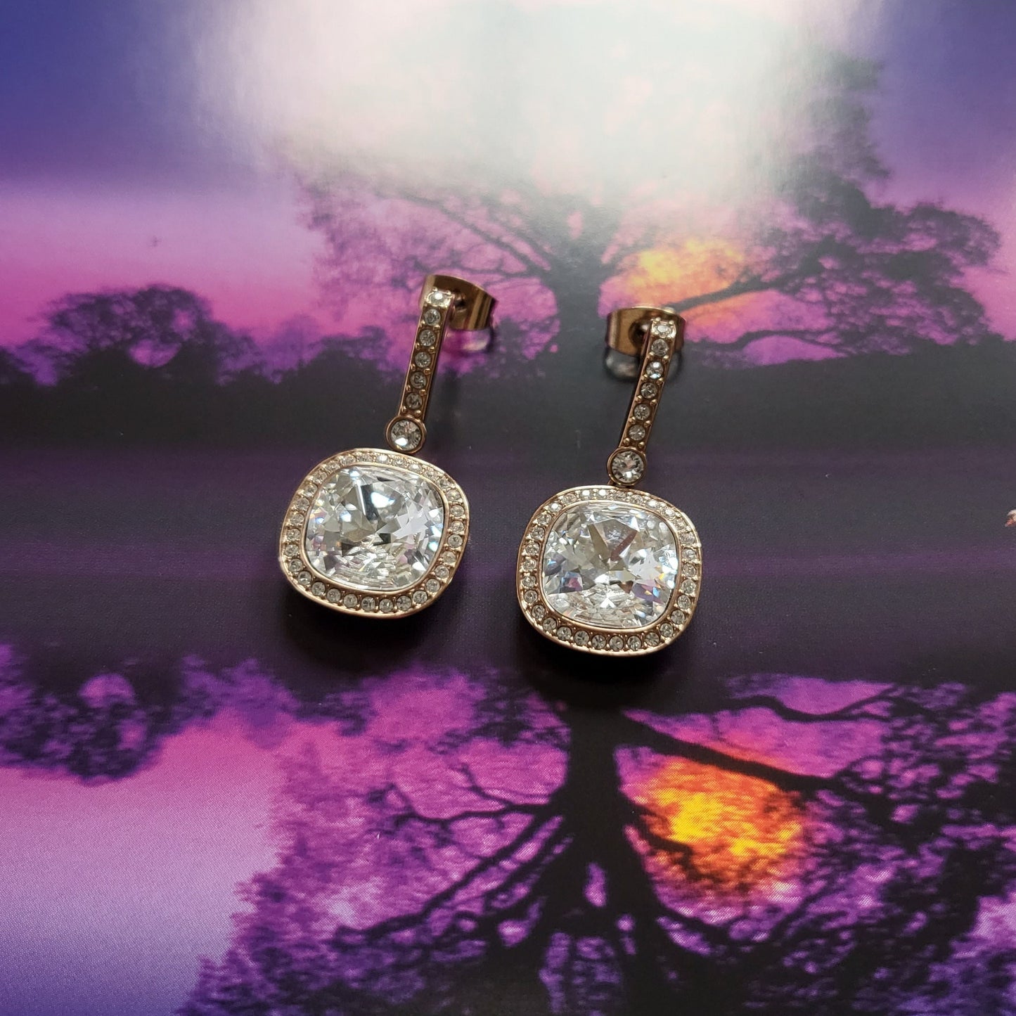 Posts - Swarovski Rose Gold Cushion Cut Crystal Drop Earrings
