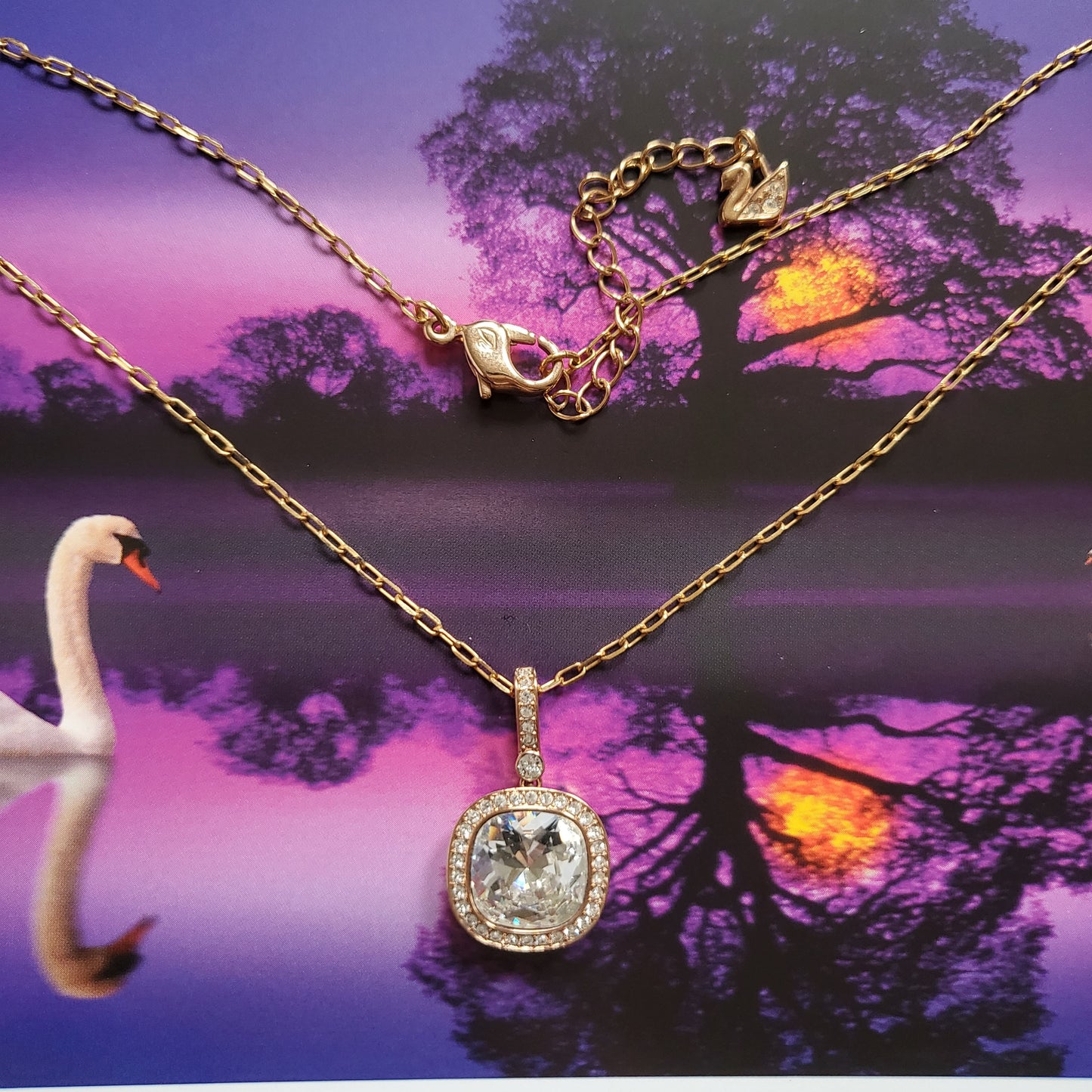 Necklace - Swarovski Rose Gold Cushion Cut Crystal Pendant Necklace