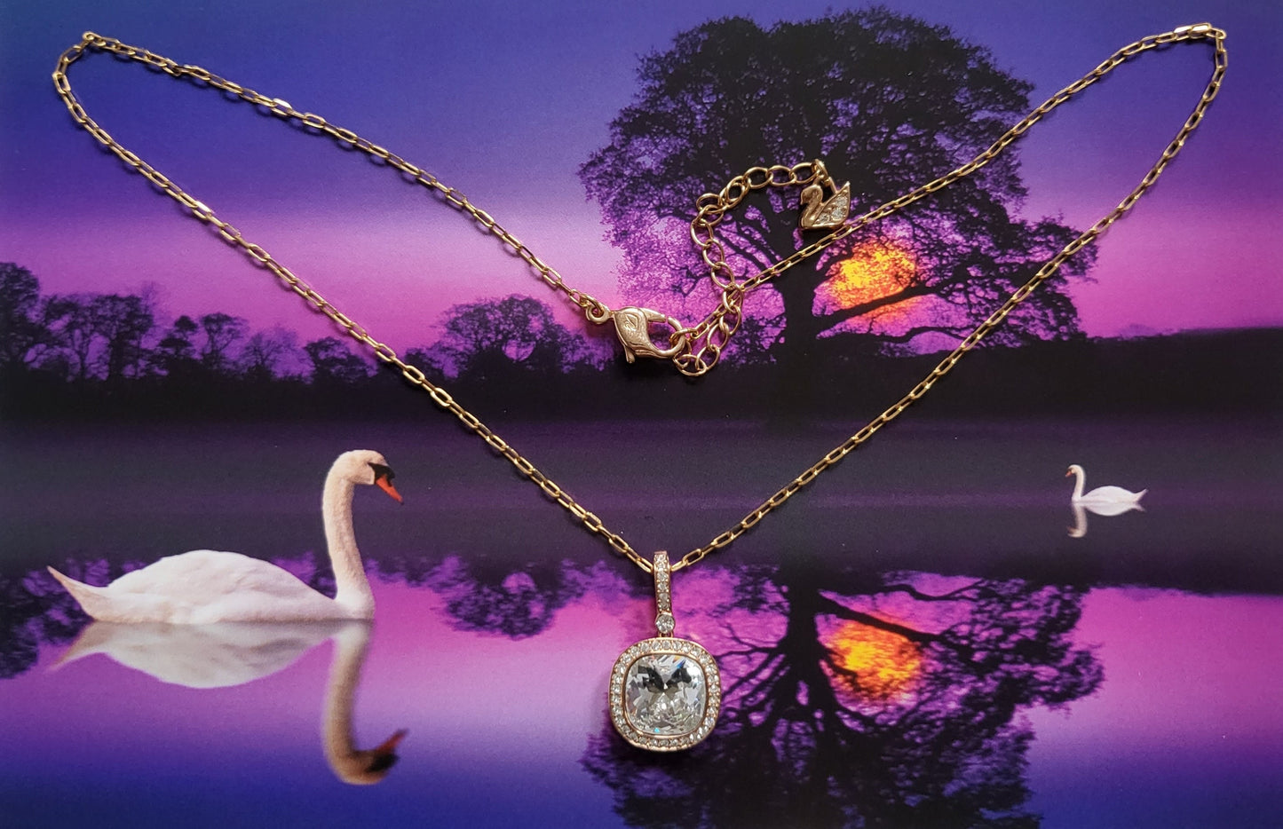 Necklace - Swarovski Rose Gold Cushion Cut Crystal Pendant Necklace