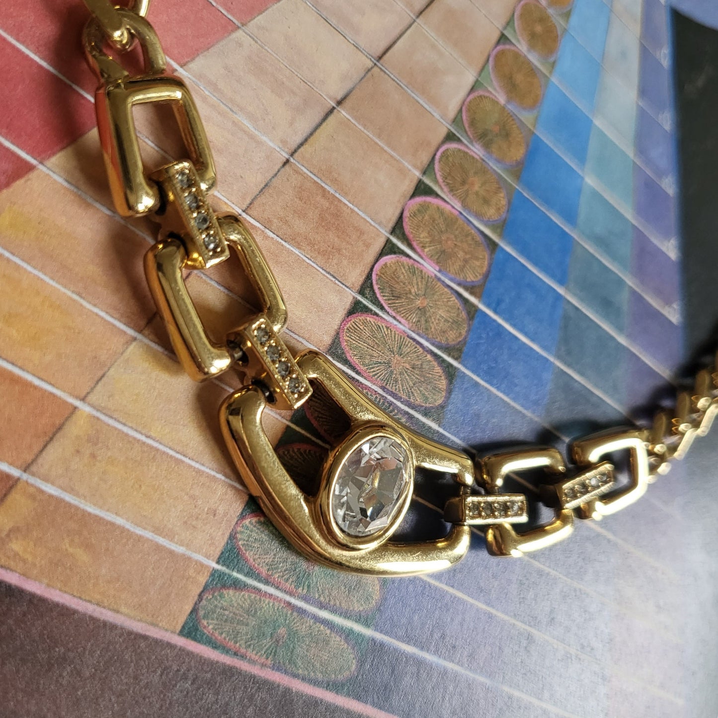 Necklace - Napier Clear Crystal Gold Square Link Chain Necklace