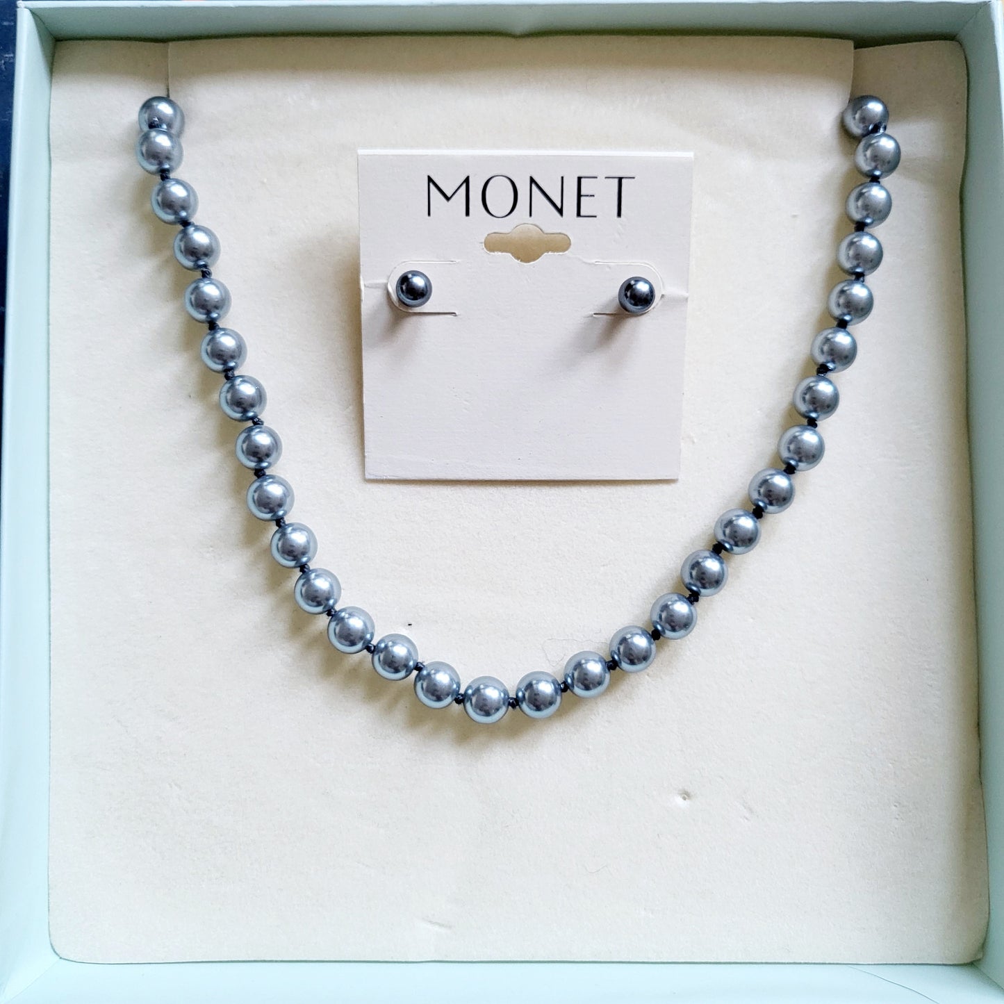Set - Monet Grey Pearl Necklace and Stud Earrings