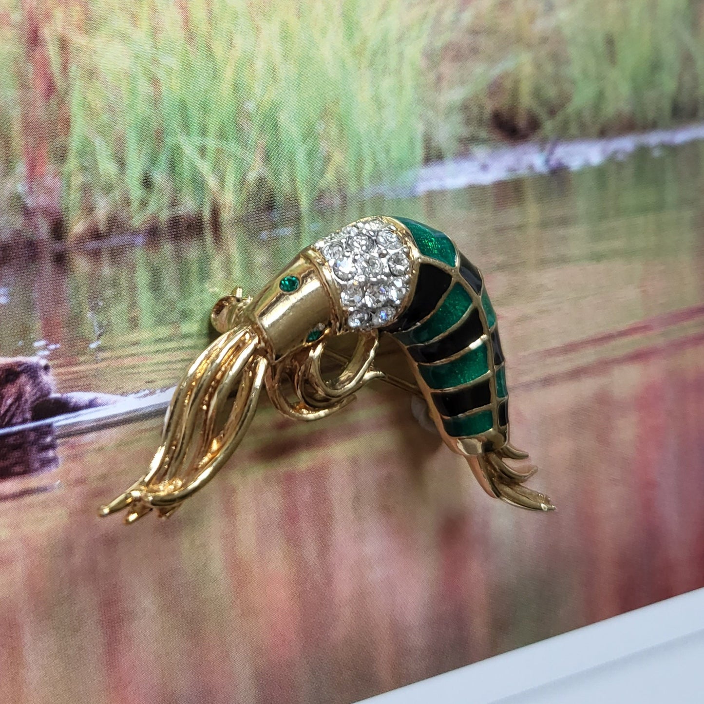 Brooch - Attwood and Sawyer Green and Blue Enamel Shrimp Brooch