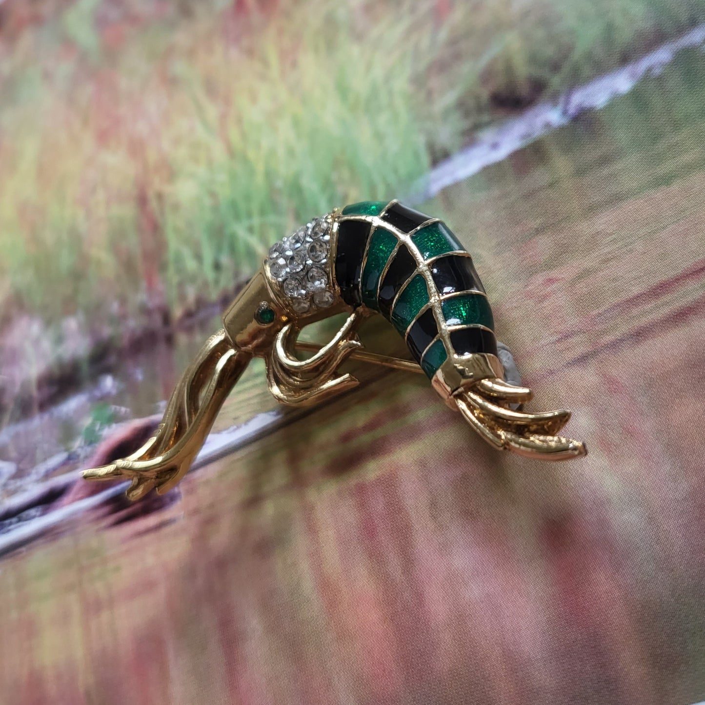 Brooch - Attwood and Sawyer Green and Blue Enamel Shrimp Brooch