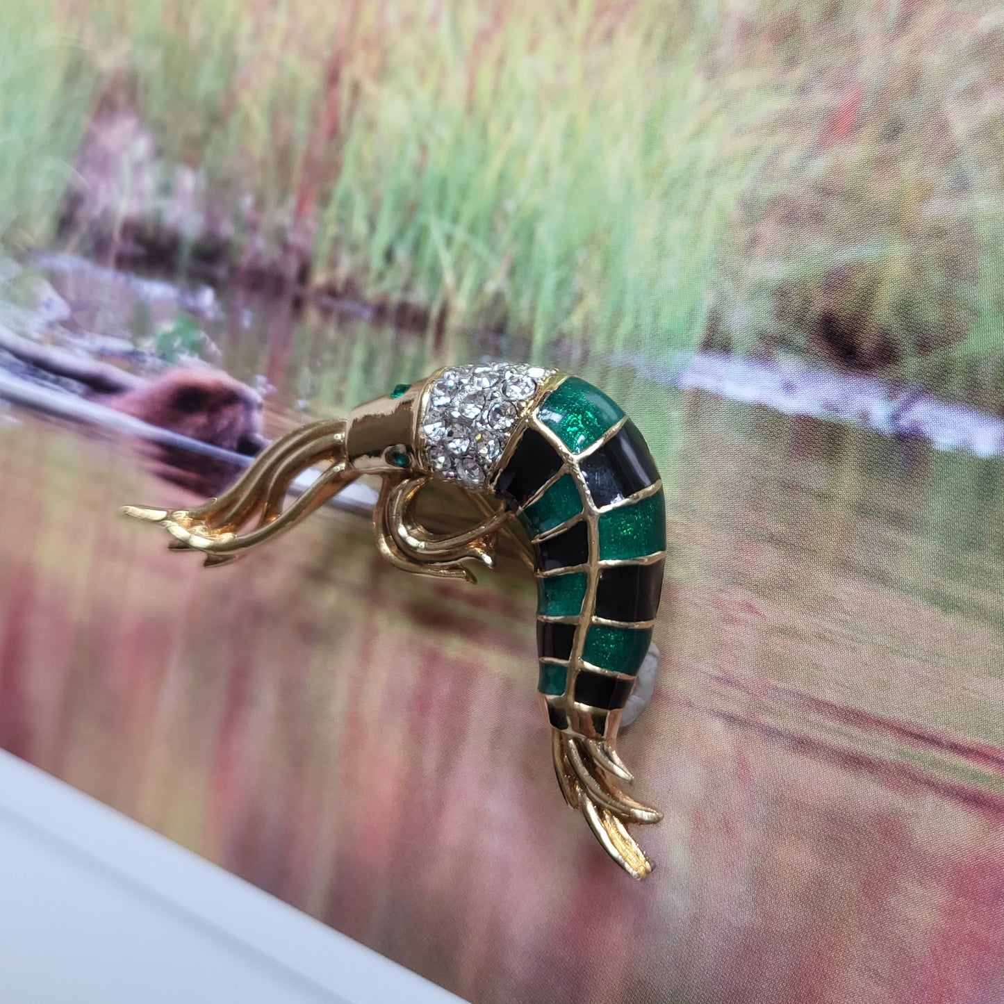 Brooch - Attwood and Sawyer Green and Blue Enamel Shrimp Brooch