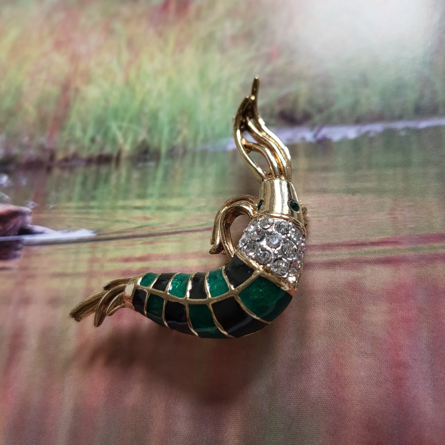 Brooch - Attwood and Sawyer Green and Blue Enamel Shrimp Brooch