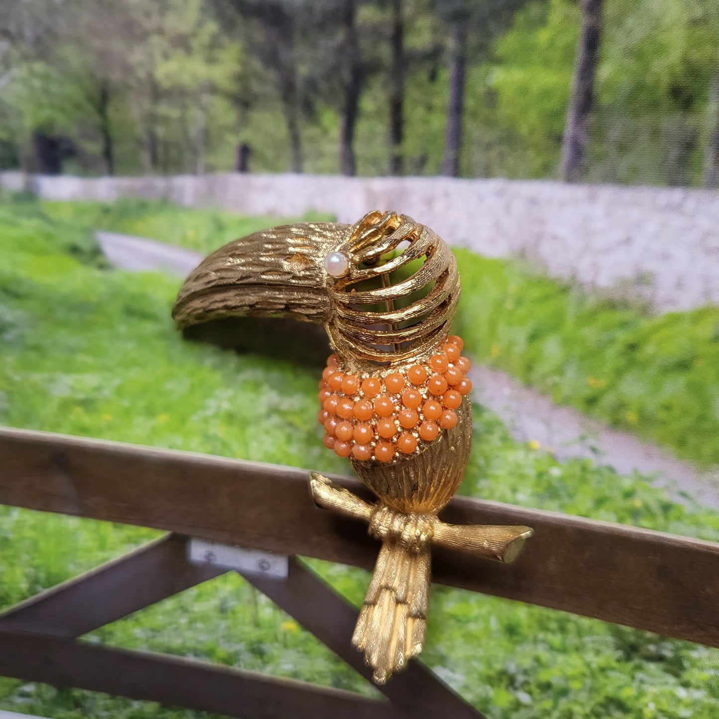 Brooch - Hattie Carnegie Coral Glass Beads Toucan Brooch