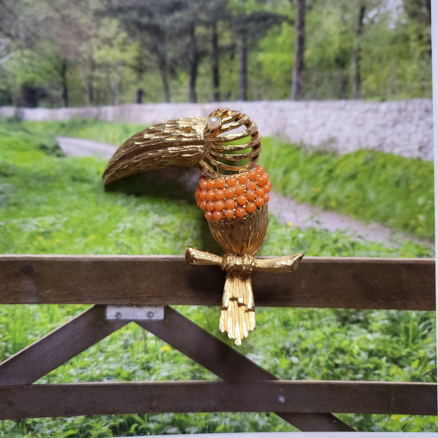 Brooch - Hattie Carnegie Coral Glass Beads Toucan Brooch