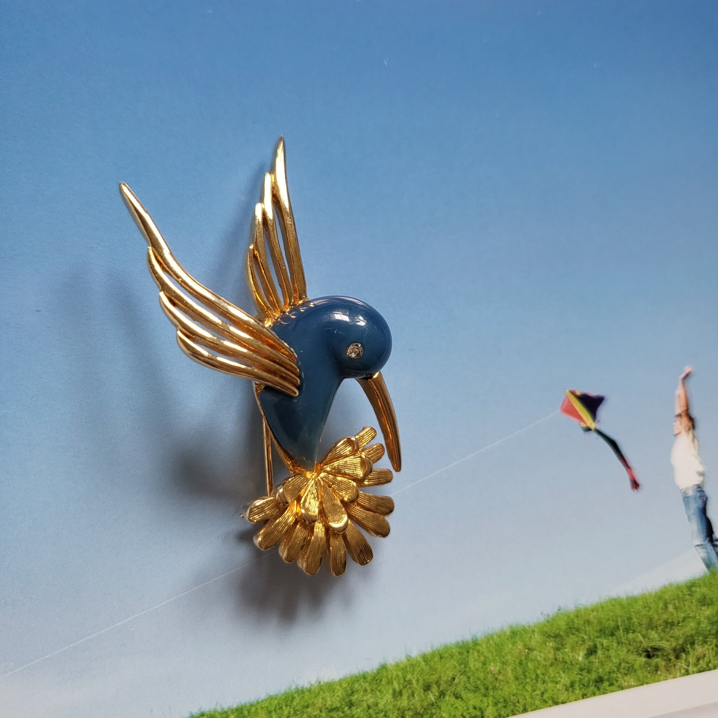 Brooch - Sphinx Blue Lucite Body Hummingbird Brooch