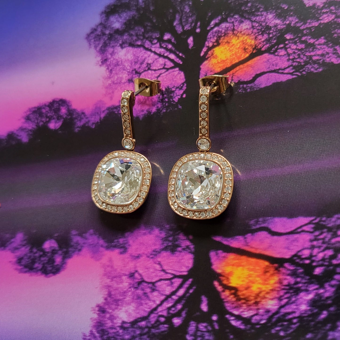 Posts - Swarovski Rose Gold Cushion Cut Crystal Drop Earrings