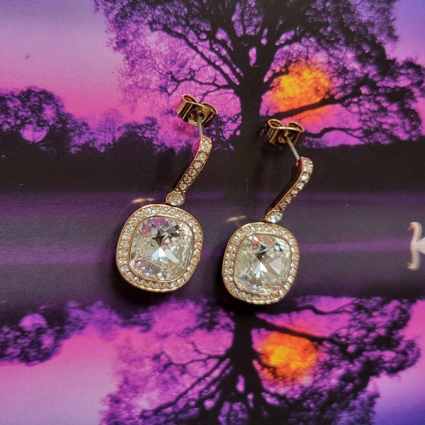 Posts - Swarovski Rose Gold Cushion Cut Crystal Drop Earrings