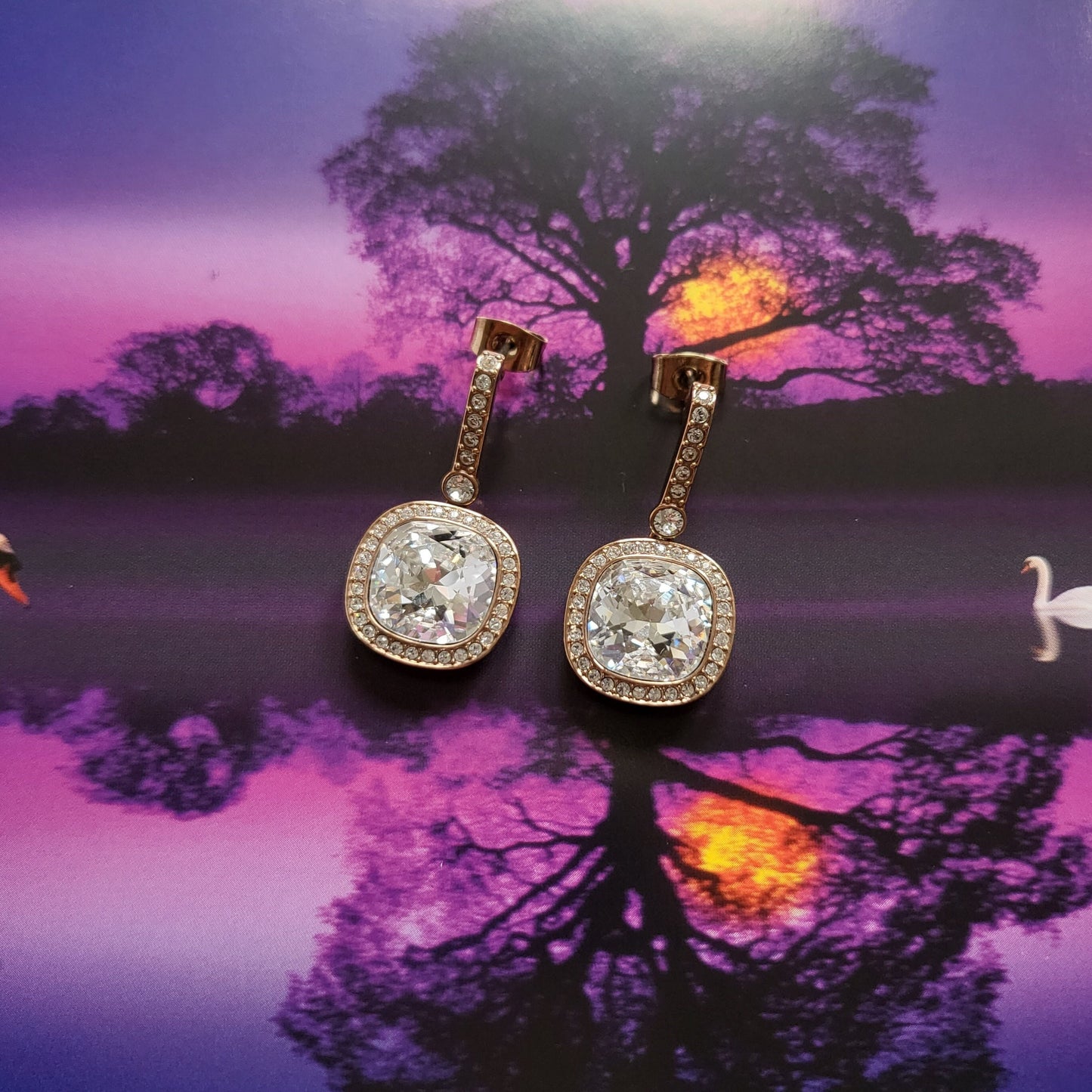 Posts - Swarovski Rose Gold Cushion Cut Crystal Drop Earrings