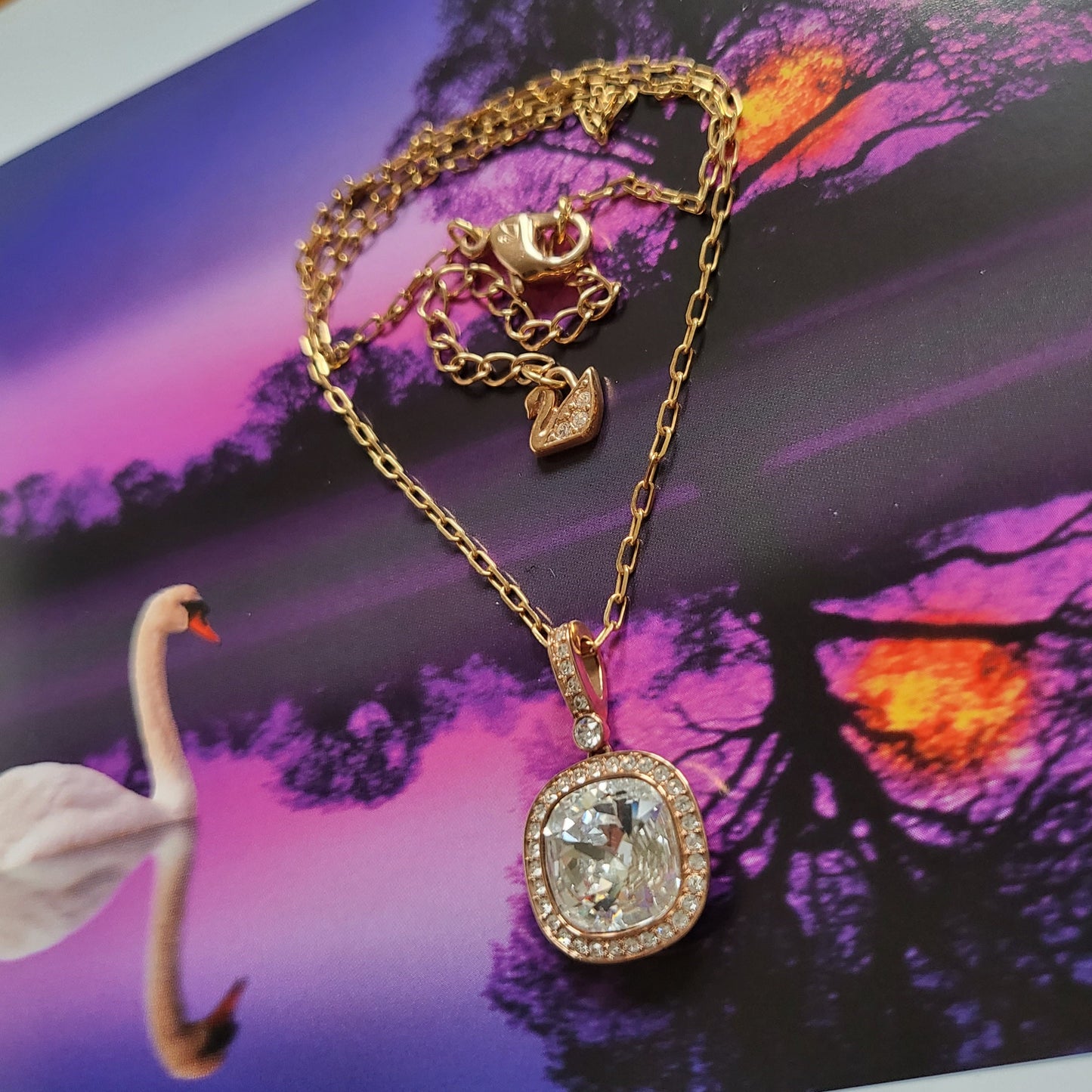 Necklace - Swarovski Rose Gold Cushion Cut Crystal Pendant Necklace