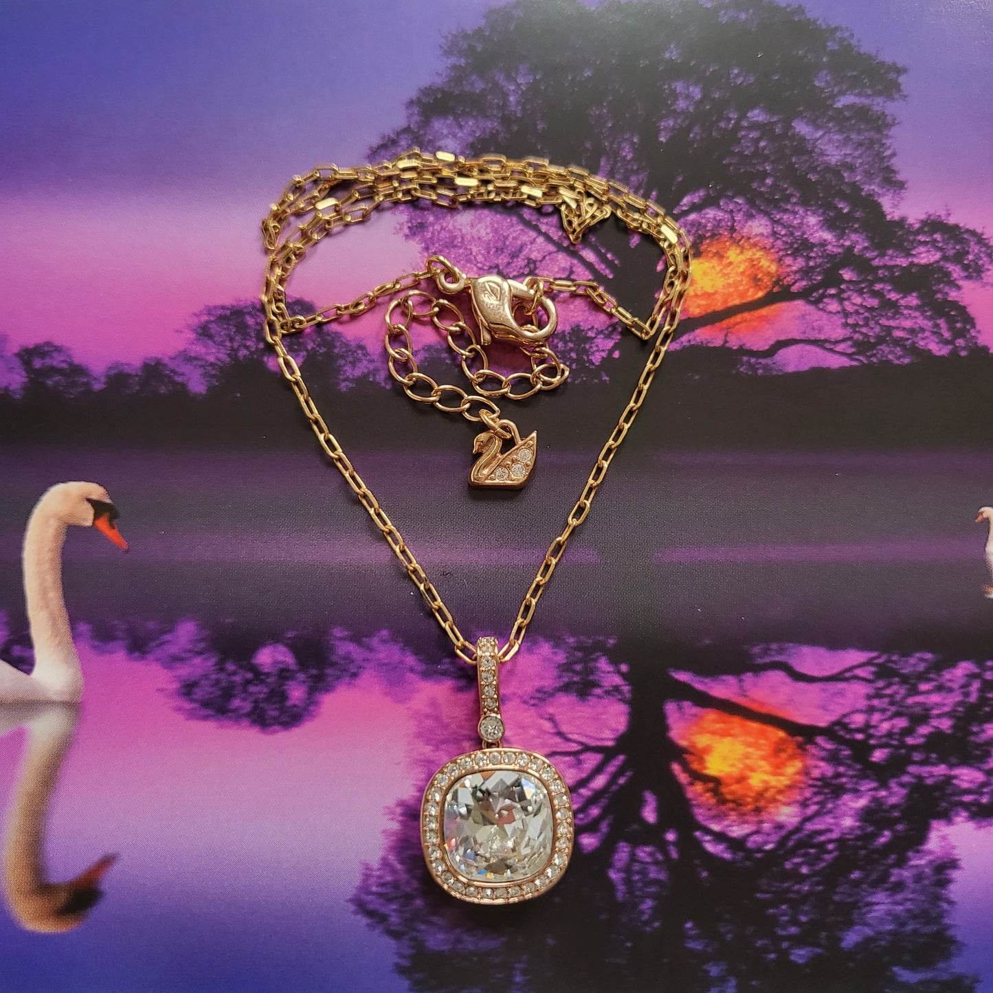 Necklace - Swarovski Rose Gold Cushion Cut Crystal Pendant Necklace