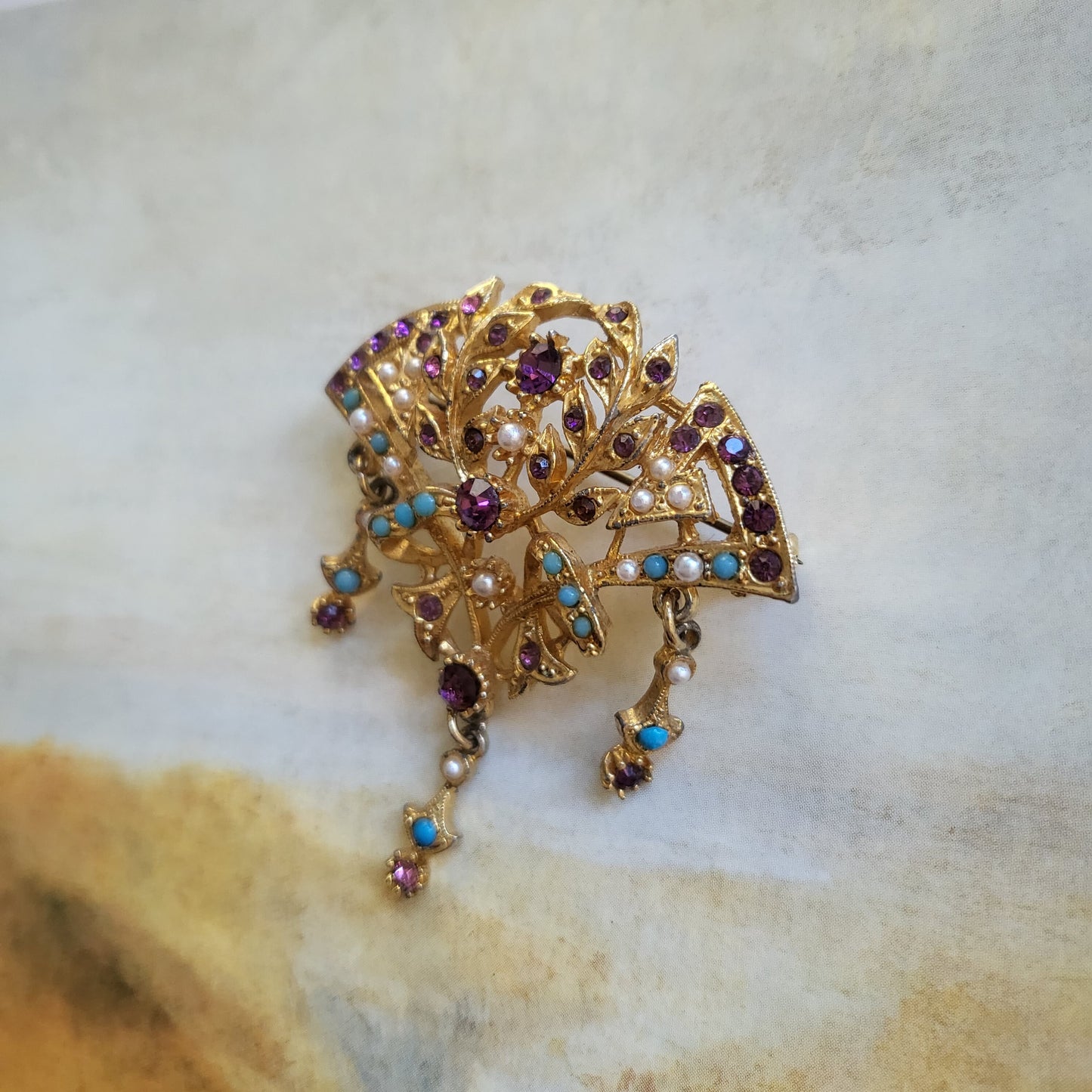 Brooch - Exquisite Turquoise Pearl and Purple Crystals Ornate Fan Brooch
