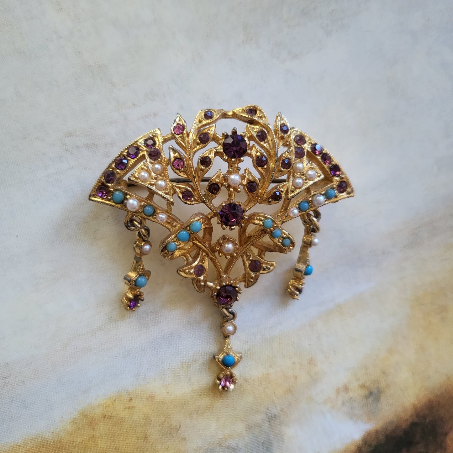 Brooch - Exquisite Turquoise Pearl and Purple Crystals Ornate Fan Brooch