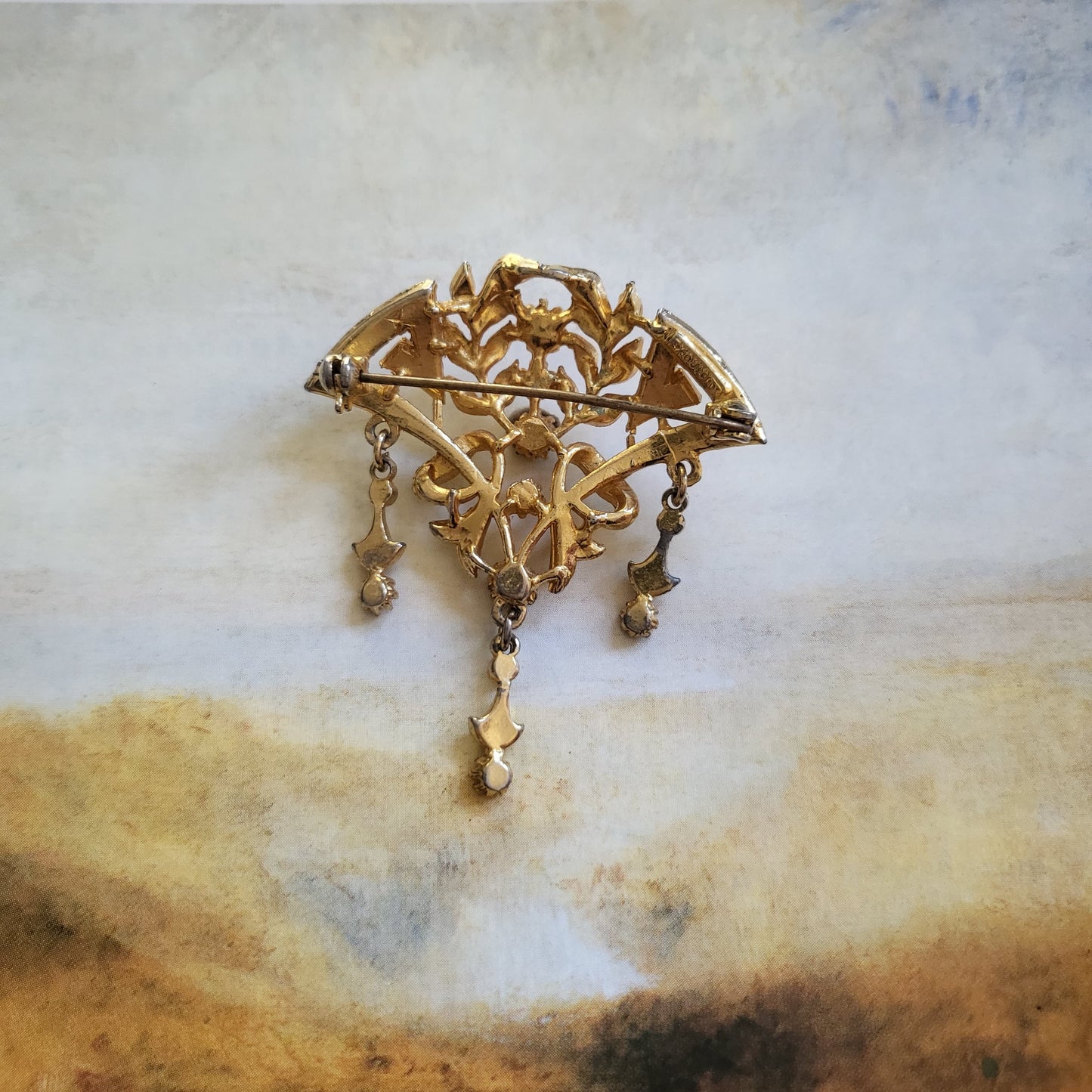 Brooch - Exquisite Turquoise Pearl and Purple Crystals Ornate Fan Brooch