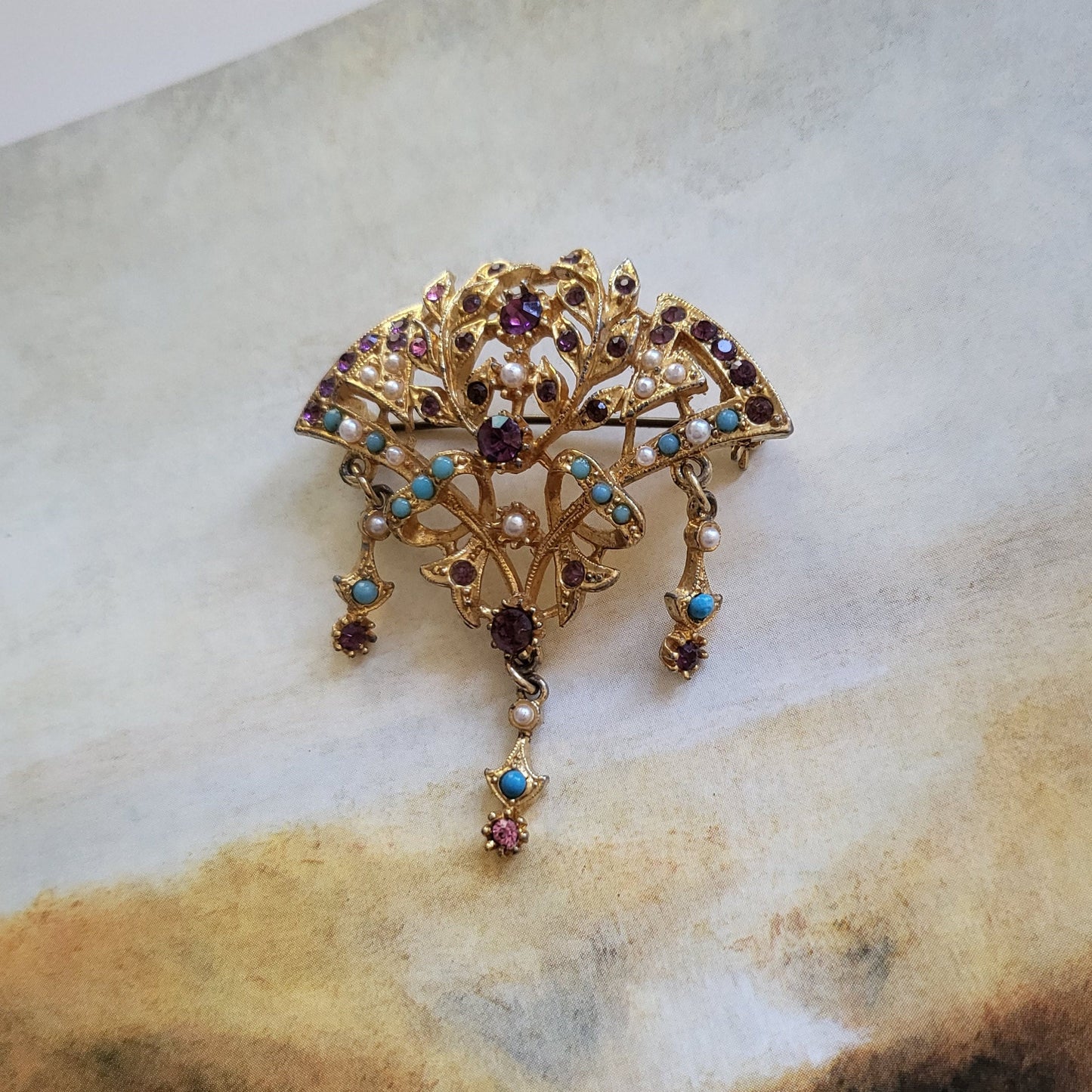 Brooch - Exquisite Turquoise Pearl and Purple Crystals Ornate Fan Brooch