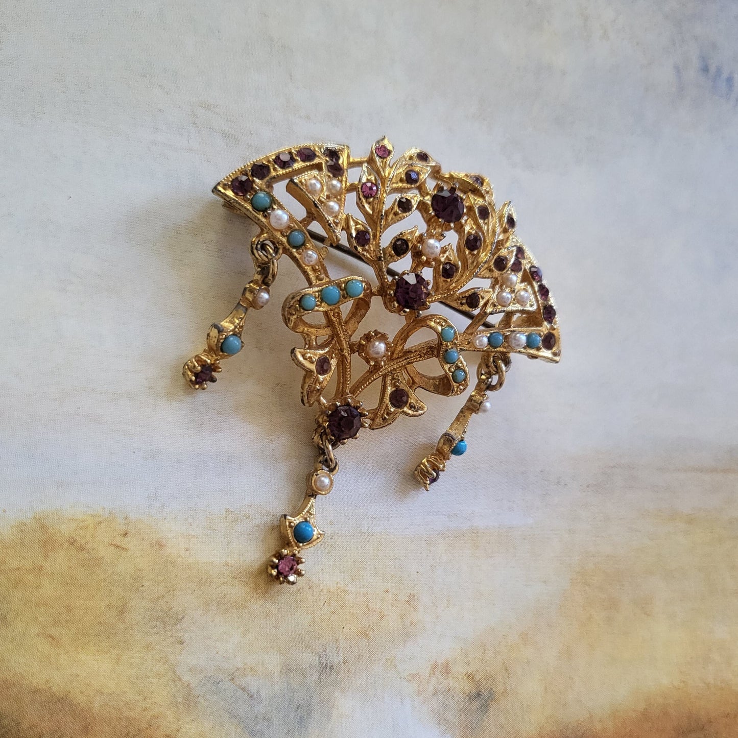 Brooch - Exquisite Turquoise Pearl and Purple Crystals Ornate Fan Brooch