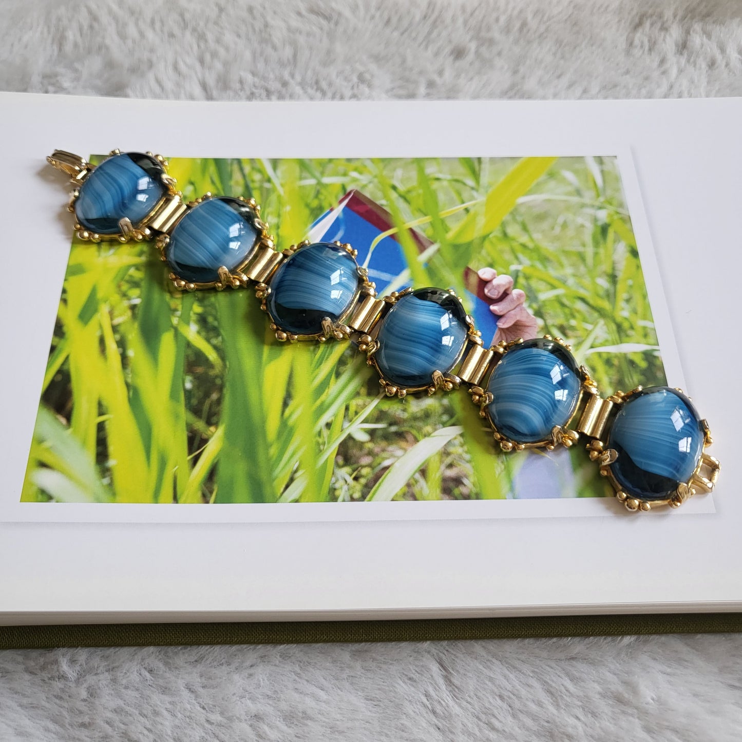 Bracelet - Blue and White Stripe Glass Cabochon Bracelet