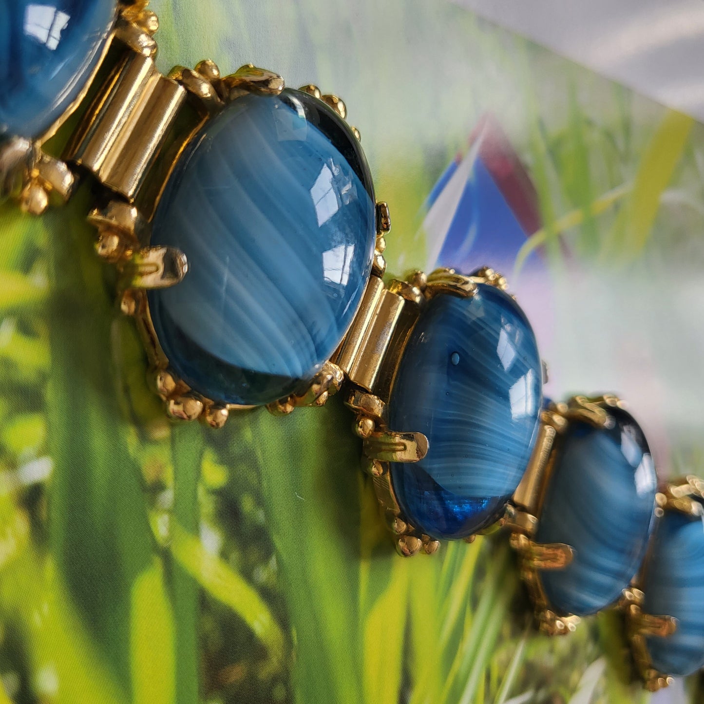 Bracelet - Blue and White Stripe Glass Cabochon Bracelet