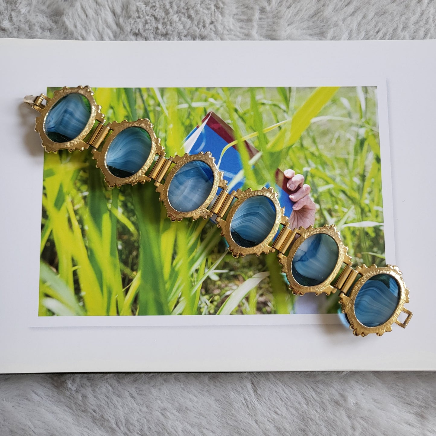 Bracelet - Blue and White Stripe Glass Cabochon Bracelet