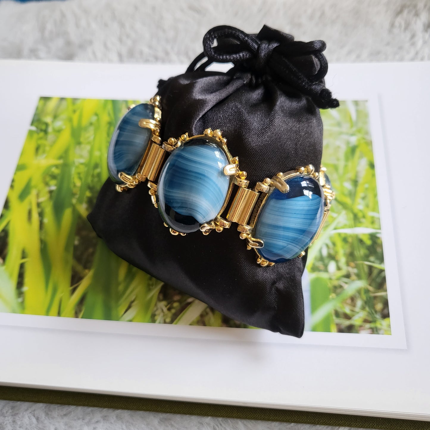 Bracelet - Blue and White Stripe Glass Cabochon Bracelet