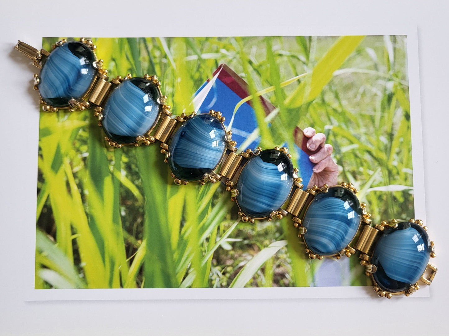 Bracelet - Blue and White Stripe Glass Cabochon Bracelet