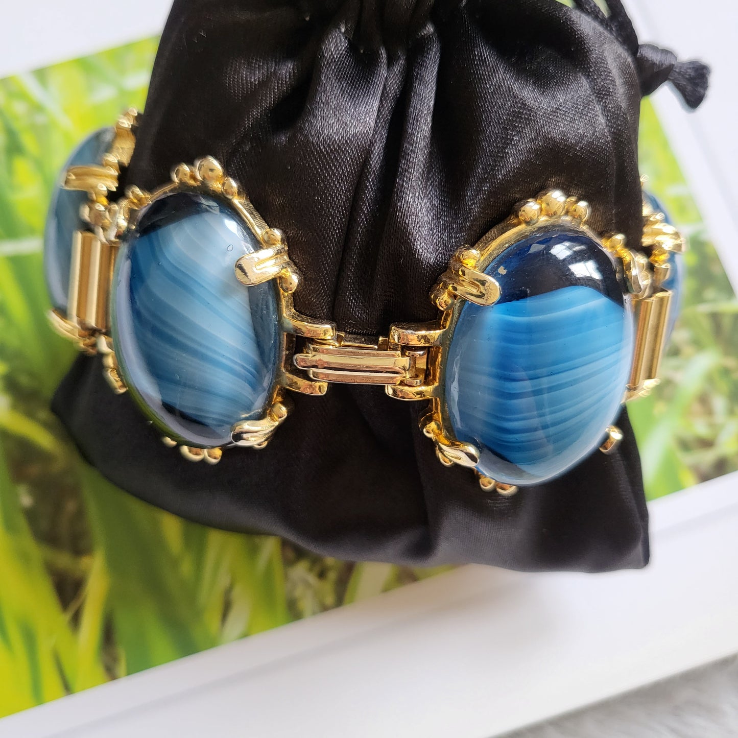 Bracelet - Blue and White Stripe Glass Cabochon Bracelet