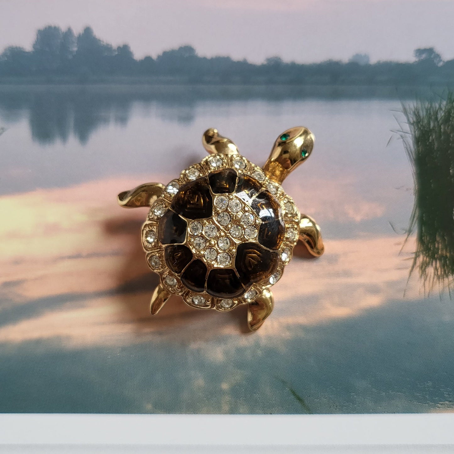 Brooch - Attwood and Sawyer Brown Enamel Crystal Tortoise Brooch