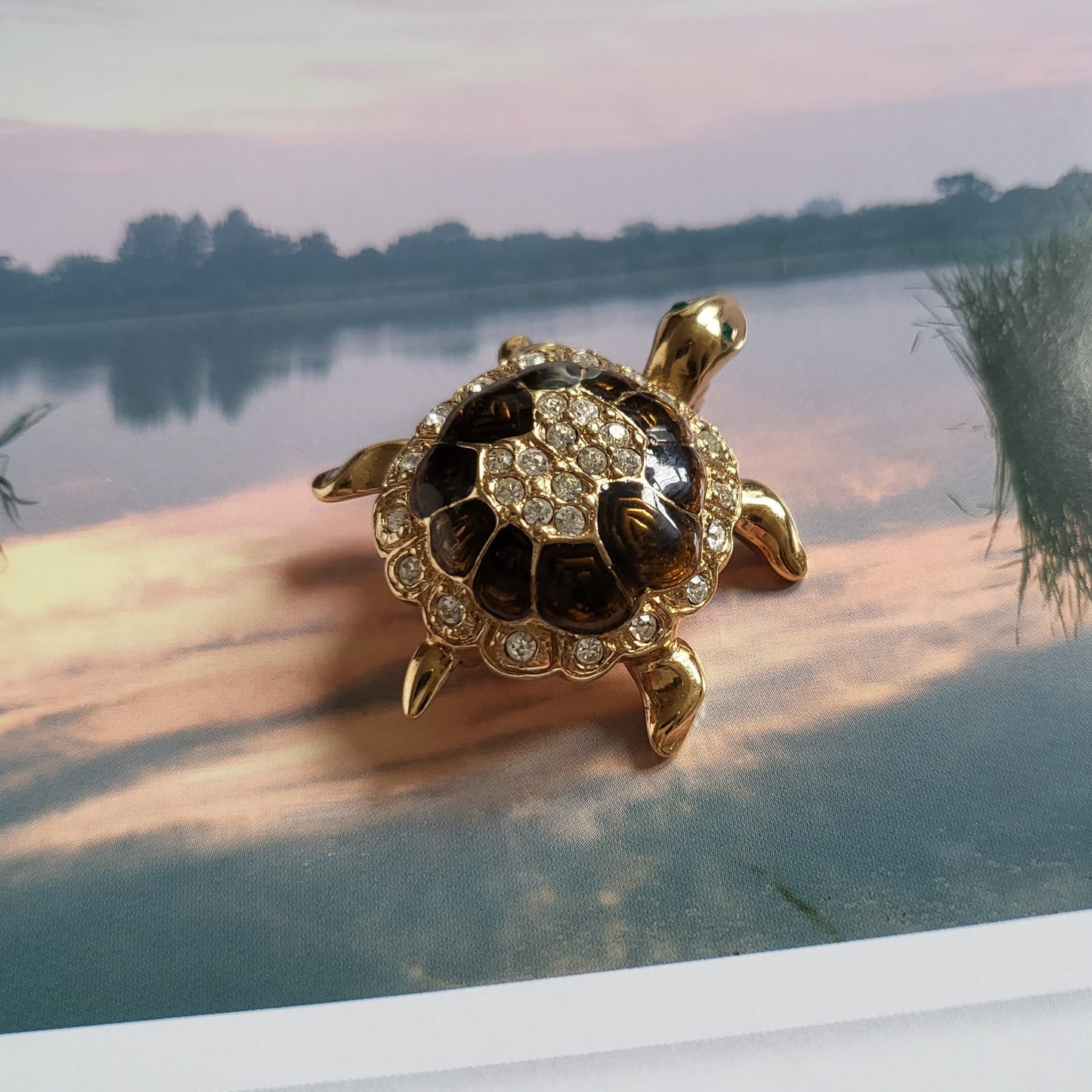 Brooch - Attwood and Sawyer Brown Enamel Crystal Tortoise Brooch