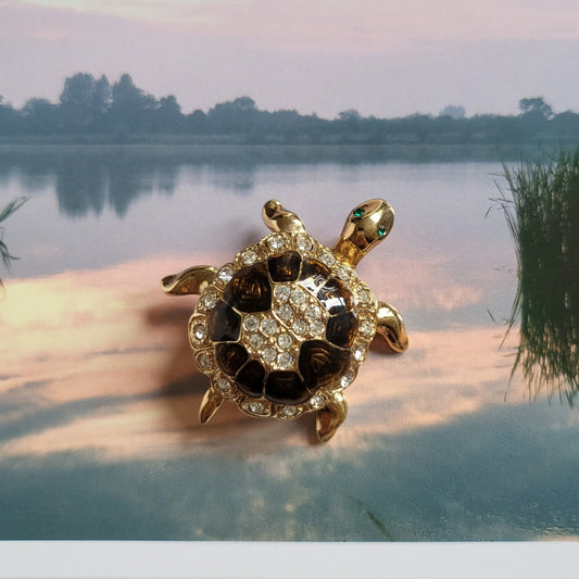 Brooch - Attwood and Sawyer Brown Enamel Crystal Tortoise Brooch