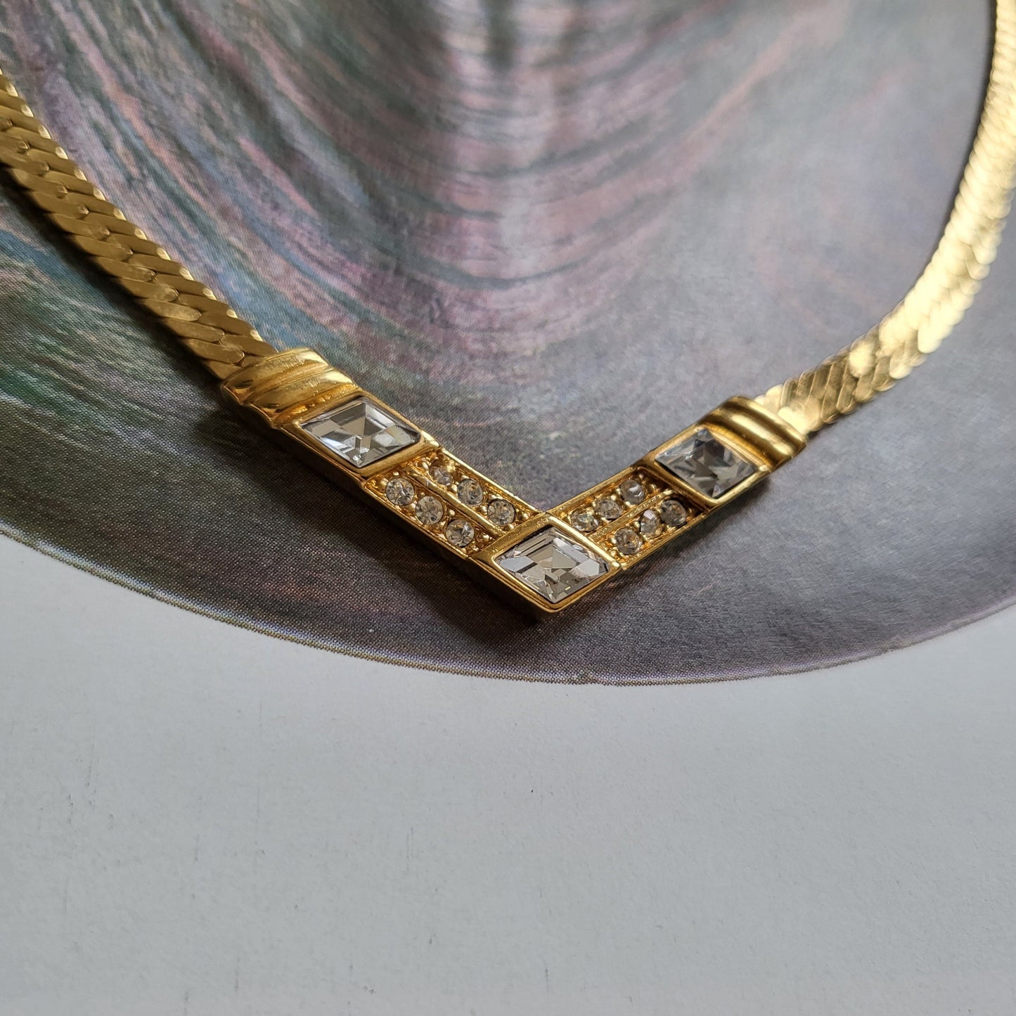 Necklace - Trifari Clear Crystal V Shape Necklace