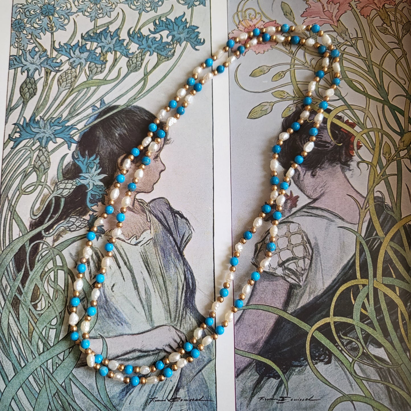 Necklace - Rice Pearls Turquoise and Gold Beads Necklace